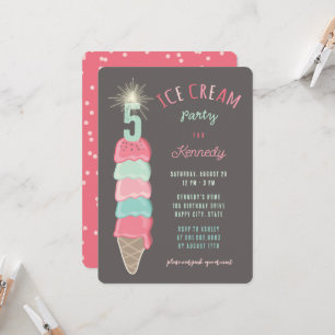 Pastel Pink Mint Ice Cream Girl 5th Birthday Party Invitation