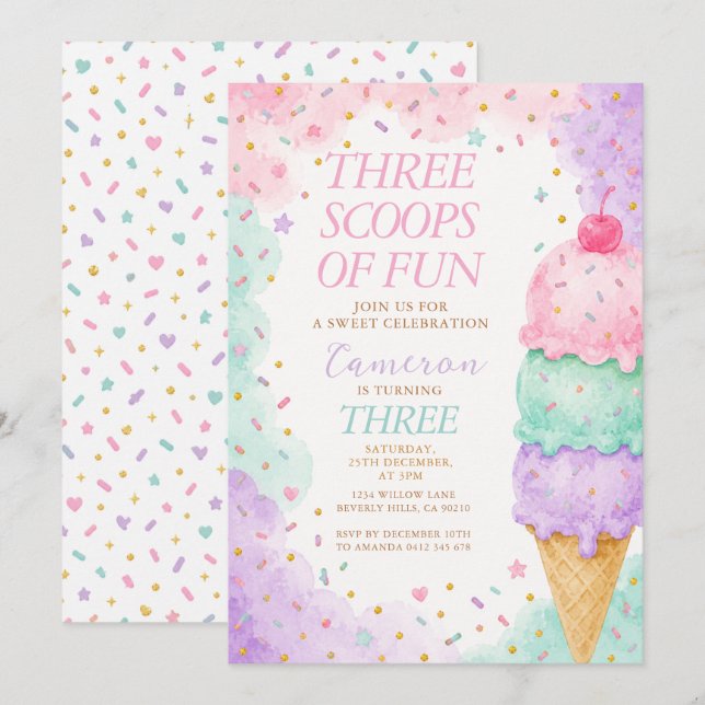 Pastel Pink Mint Three Scoops of Fun Birthday Invitation (Front/Back)