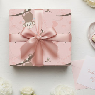 Pastel Pink Monkey Valentine Wrapping Paper 