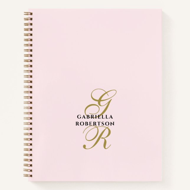 Pastel Pink Monogram Gold Black Minimalist Stylish Notebook (Front)