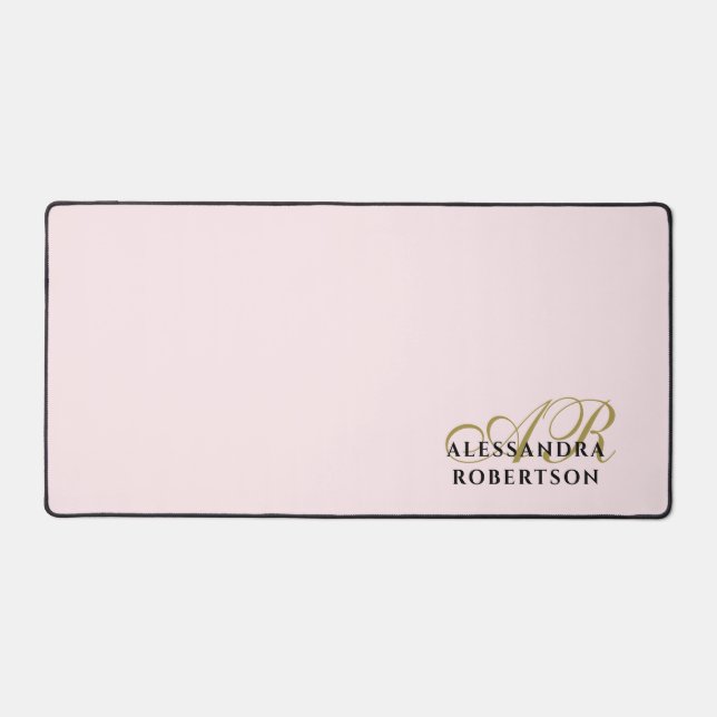 Pastel Pink Monogram Gold Black Stylish Minimalist Desk Mat (Front)