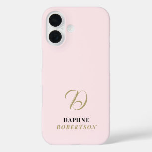 Pastel Pink Monogram Gold Initial Black Name Chic  iPhone 16 Case