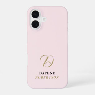 Pastel Pink Monogram Gold Initial Black Name Chic iPhone 16 Case