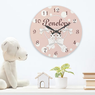 Pastel Pink Off-White Ribbon and Cute Twin Bunny Large Clock