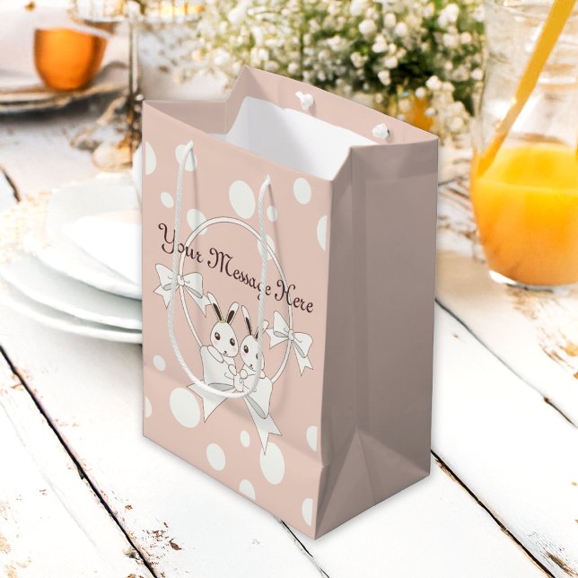 Pastel Pink Off-White Ribbon and Cute Twin Bunny Medium Gift Bag (Creator Uploaded)