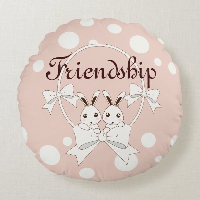 Pastel Pink Off-White Ribbon and Cute Twin Bunny Round Cushion (Front)