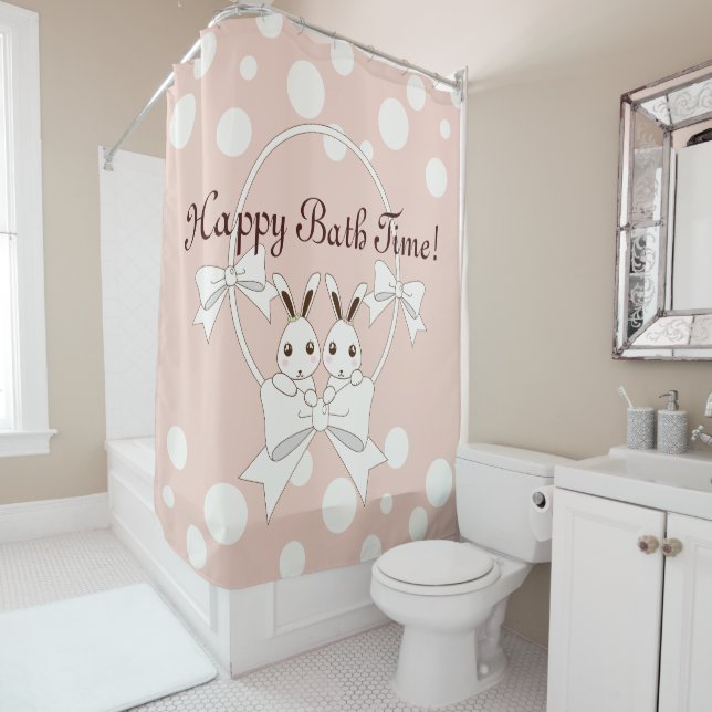 Pastel Pink Off-White Ribbon and Cute Twin Bunny Shower Curtain (In Situ)