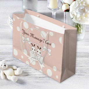 Pastel Pink Off-White Ribbon and Twin Bunny Large Gift Bag