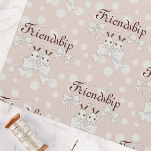 Pastel Pink Off-White Ribbon Cute Twin Bunny Kids Fabric