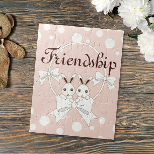 Pastel Pink Off-White Ribbon Cute Twin Bunny Kids Jigsaw Puzzle