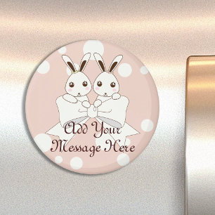 Pastel Pink Off-White Ribbon Cute Twin Bunny Kids Magnet