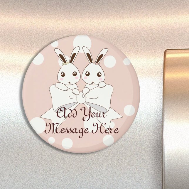 Pastel Pink Off-White Ribbon Cute Twin Bunny Kids Magnet (Creator Uploaded)