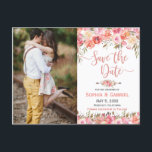 Pastel Pink Peach Rose Floral Photo Save the Date Announcement Postcard<br><div class="desc">Beautiful, Pastel Pink Peach Rose Floral Photo Save the Date Postcard. Elegant, pink peach watercolor roses, botanical floral arrangement wedding design with green leaves on white background. Feature an elegant handwritten typography design with text „Save the Date” and one (1) vertical photo. Perfect choise for romantic spring and summer weddings...</div>