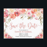 Pastel Pink Peach Rose Floral Save the Date Announcement Postcard<br><div class="desc">Beautiful, Pastel Pink Peach Rose Floral Save the Date Postcard. Elegant, pink peach watercolor roses, botanical floral arrangement wedding design with green leaves on white background. Feature an elegant handwritten typography design with text „Save the Date”. Perfect choise for romantic spring and summer weddings or any season. #3341 If you...</div>
