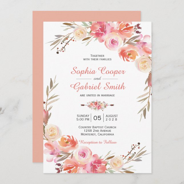 Pastel Pink Peach Rose Floral Wedding Invitation (Front/Back)