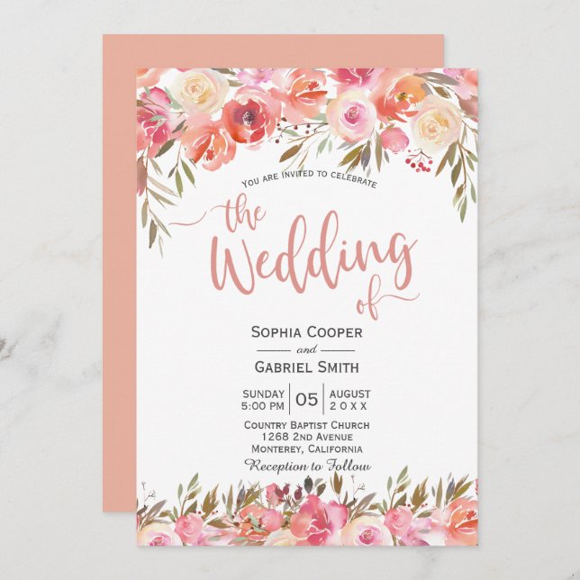 Pastel Pink Peach Rose Floral Wedding Invitation (Front/Back)
