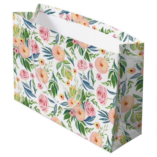 Pastel pink peonies with leafs floral pattern large gift bag (Back Angled)