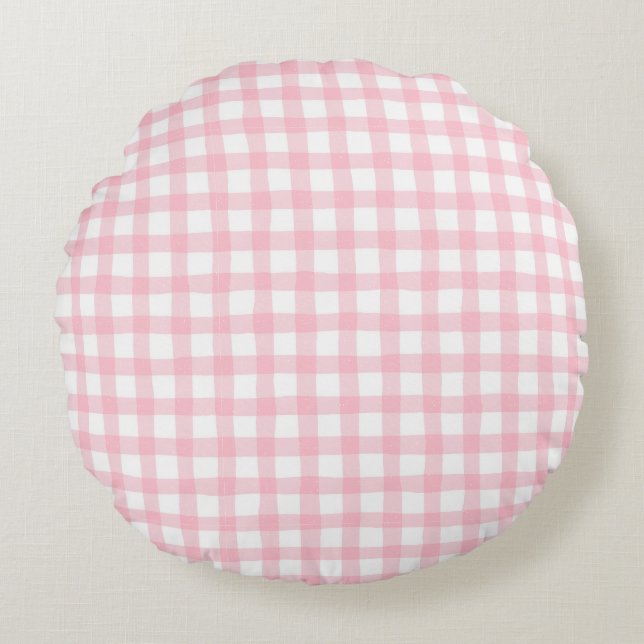 Pastel Pink Plaid – Soft Aesthetic Seamless Round Cushion (Front)