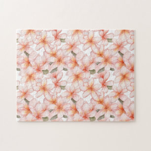 Pastel Pink Plumeria Frangipani Floral Patterned Jigsaw Puzzle