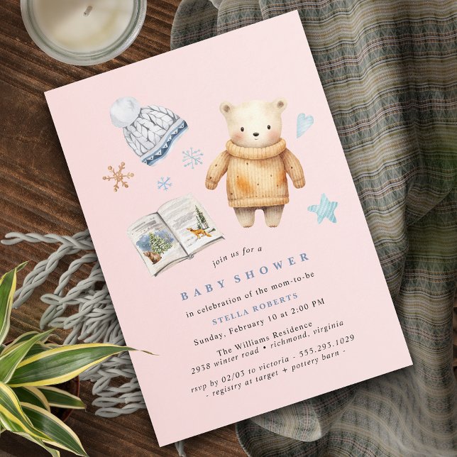 Pastel Pink | Polar Bear Winter Girl Baby Shower Invitation (Creator Uploaded)