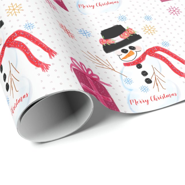 Pastel Pink Polka Dot With Snowman Design Wrapping Paper (Roll Corner)