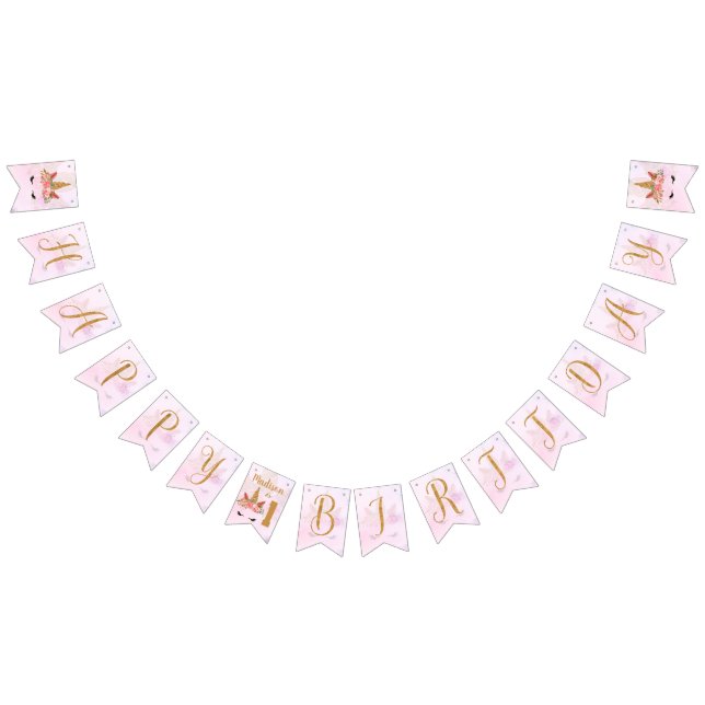 Pastel Pink Pretty Floral Unicorn Birthday Party Bunting (All)