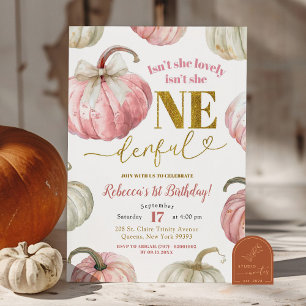 Pastel Pink Pumpkin Isn't she onederful Birthday Invitation