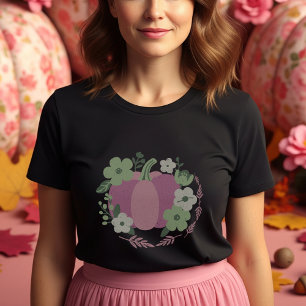 Pastel pink pumpkin with green and white flowers T-Shirt