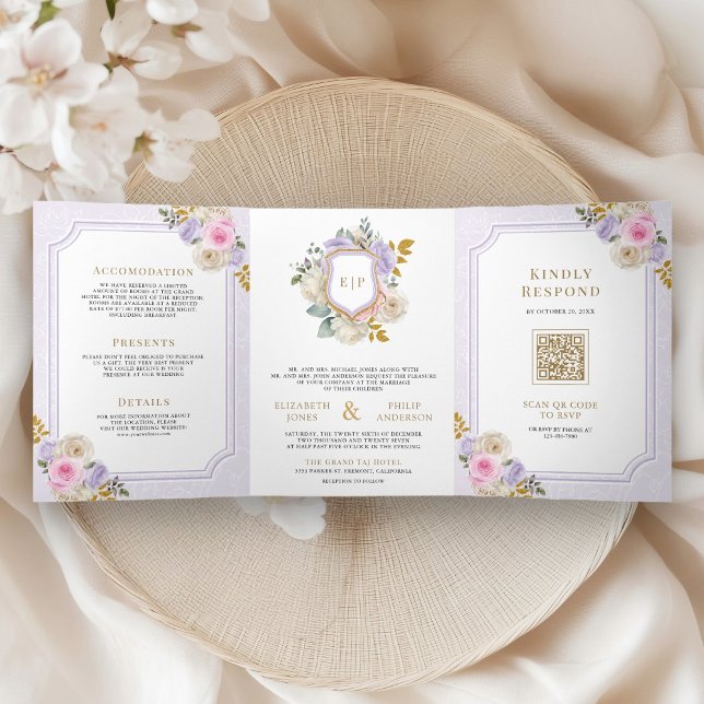 Pastel Pink Purple Floral All in One Crest Wedding Tri-Fold Invitation (Creator Uploaded)