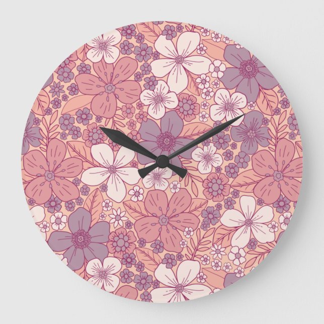 Pastel Pink & Purple Floral Large Clock (Front)