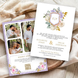 Pastel Pink Purple Floral QR Code Crest Wedding Invitation