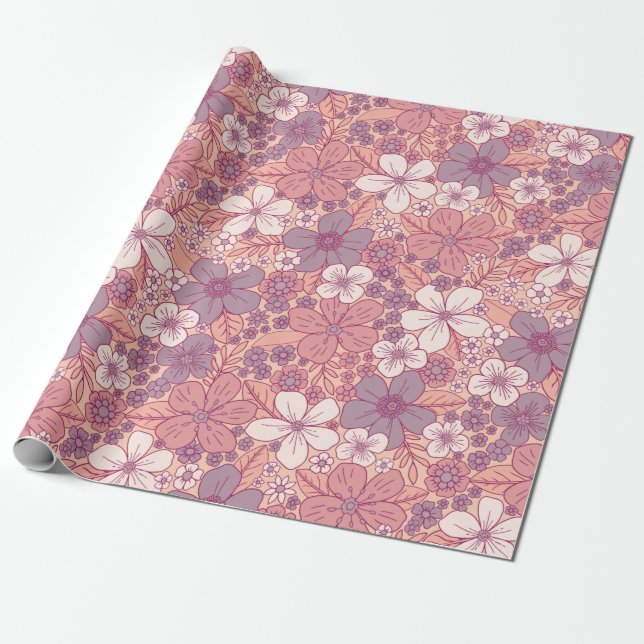 Pastel Pink & Purple Floral Wrapping Paper (Unrolled)