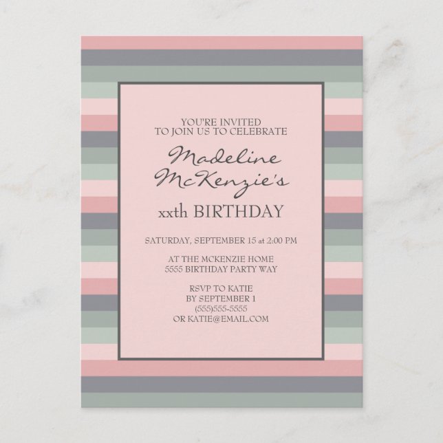 Pastel Pink Purple Green Stripes Birthday Invite Postcard (Front)