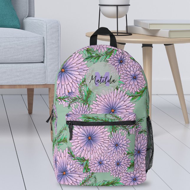 Pastel Pink Purple Hand-Drawn Flowers on Green Printed Backpack (Creator Uploaded)