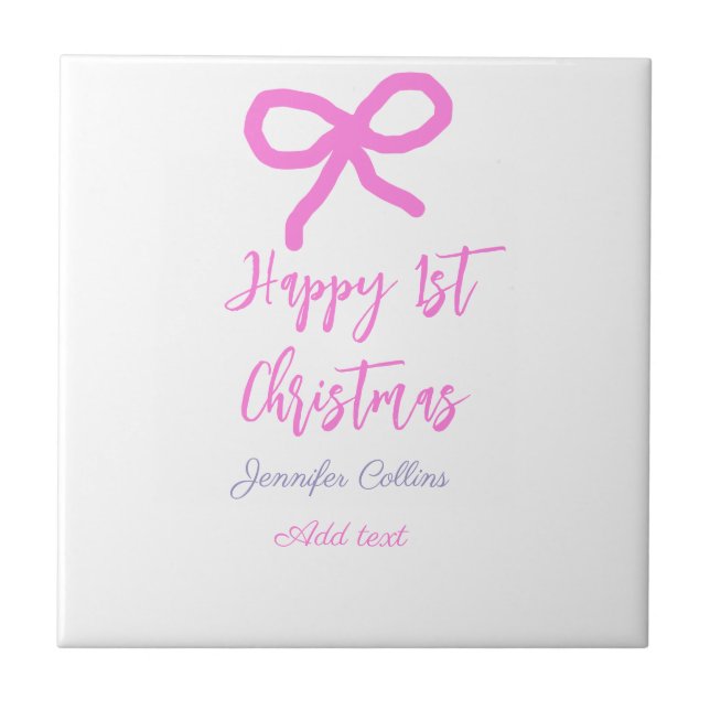 Pastel pink purple happy 1st Christmas bow name da Tile (Front)