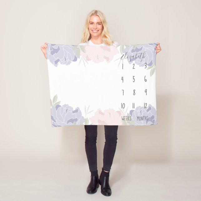 Pastel Pink & Purple Peonies Floral Baby Milestone Fleece Blanket (In Situ)