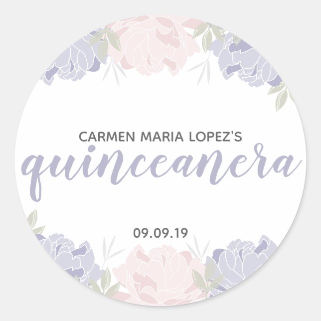 Pastel Pink & Purple Peonies Quinceañera Birthday Classic Round Sticker (Front)