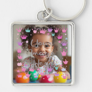 Pastel Pink Purple Princess Crown Photo Border Key Ring