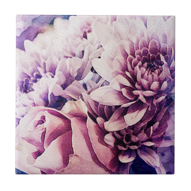 Pastel Pink Purple Rose Chrysanthemum Flowers Tile (Front)