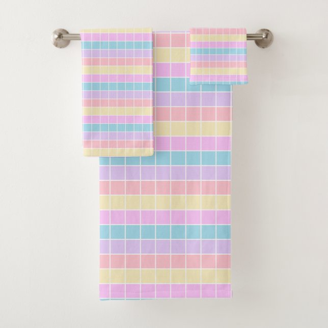 PASTEL PINK PURPLE YELLOW BLUE SQUARE PATTERNS BATH TOWEL SET (Insitu)