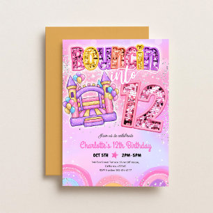 Pastel Pink Rainbow Bounce House 12th Birthday Invitation