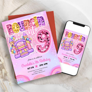Pastel Pink Rainbow Bounce House 9th Birthday Invitation