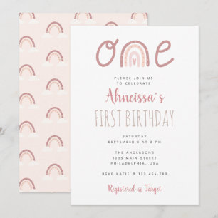 Pastel Pink Rainbow Cloud First Birthday Invitation