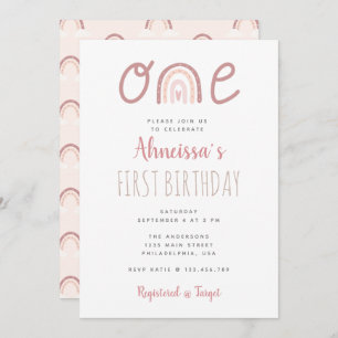 Pastel Pink Rainbow Cloud First Birthday Invitation
