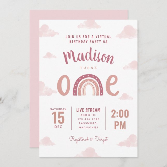 Pastel Pink Rainbow Clouds Virtual First Birthday Invitation (Front/Back)