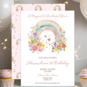 Pastel Pink Rainbow Floral 1st Birthday Invitation