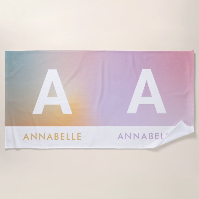 Pastel pink rainbow girly monogram simple beach towel (Front)