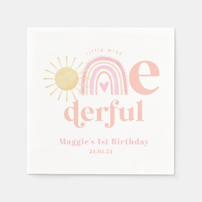 Pastel Pink Rainbow Little Miss ONEderful Birthday Napkin (Front)
