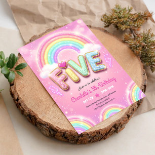 Pastel Pink Rainbow Sparkle 5th Birthday Invitation