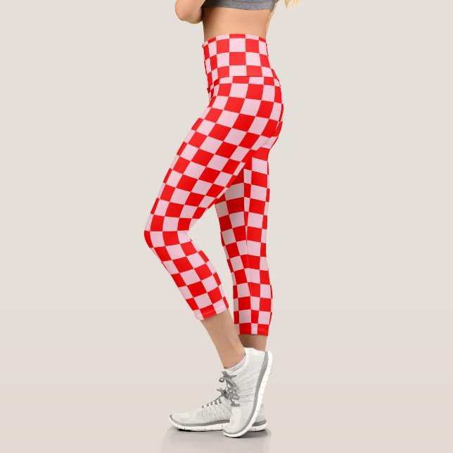 Pastel Pink Red Chequered Chequerboard Vintage Capri Leggings (Left)